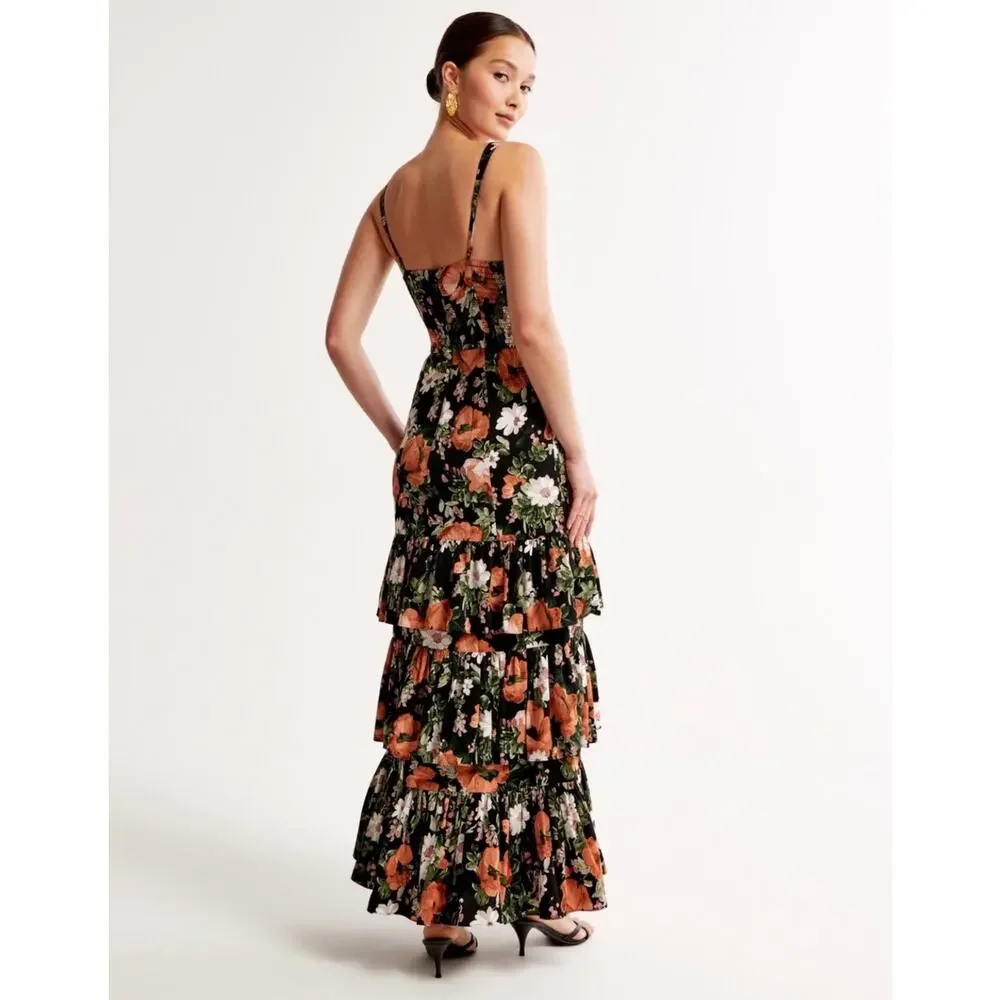Abercrombie & Fitch Ruffle Tiered Floral Maxi Dress Black Size XS